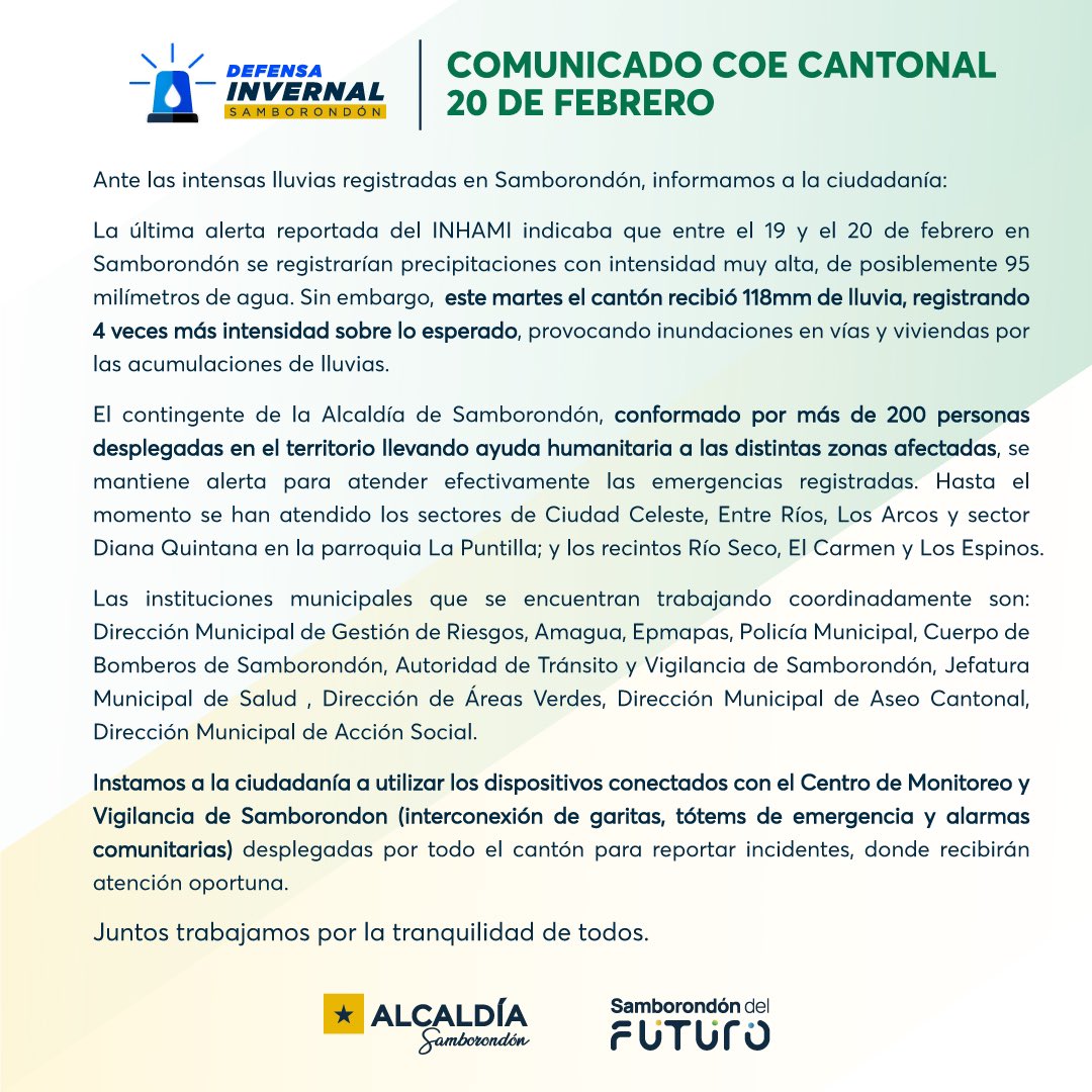 Alcaldía de Samborondón activa contingente ante lluvias intensas