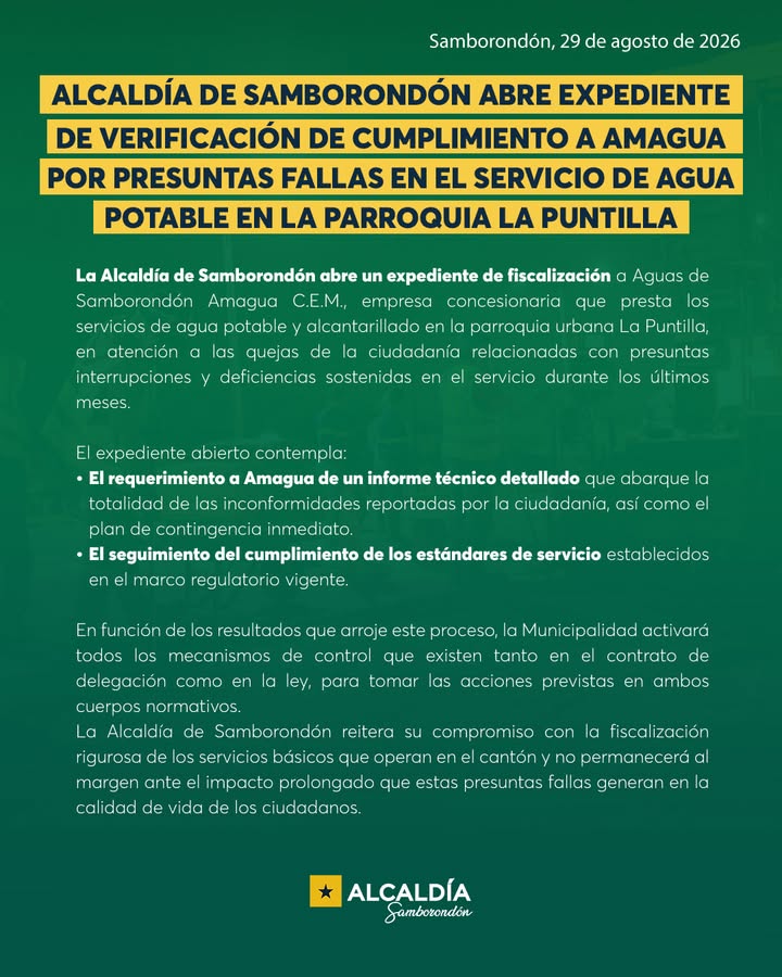 Alcaldía de Samborondón abre expediente contra Amagua por fallas en La Puntilla
