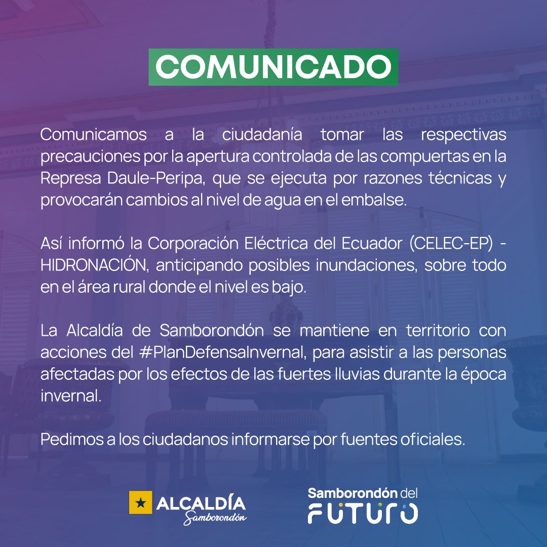 Samborondón advierte sobre el nivel del agua por apertura de compuertas en Daule-Peripa