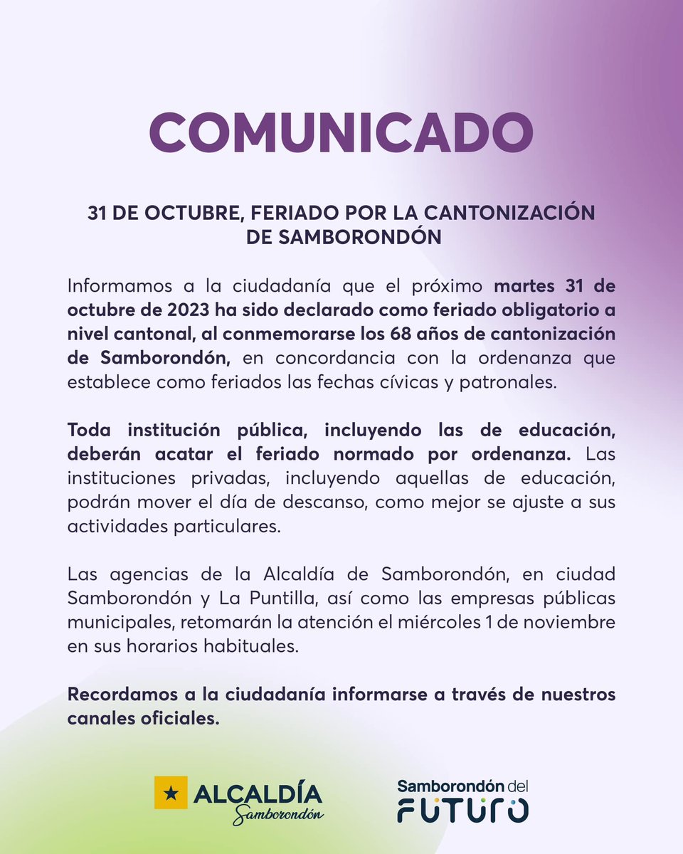 Samborondón declara feriado cantonal este 31 de octubre por su 68 aniversario