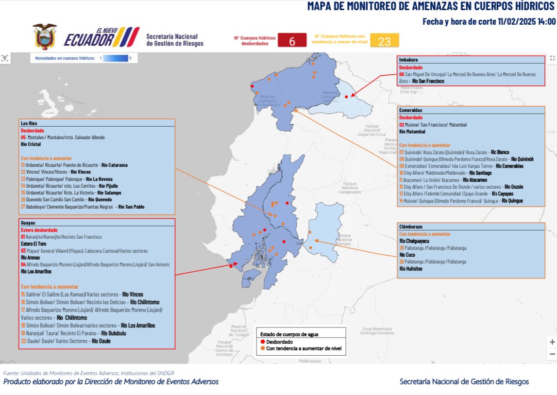Seis ríos desbordados en Guayas por lluvias; alerta naranja para 23 cauces